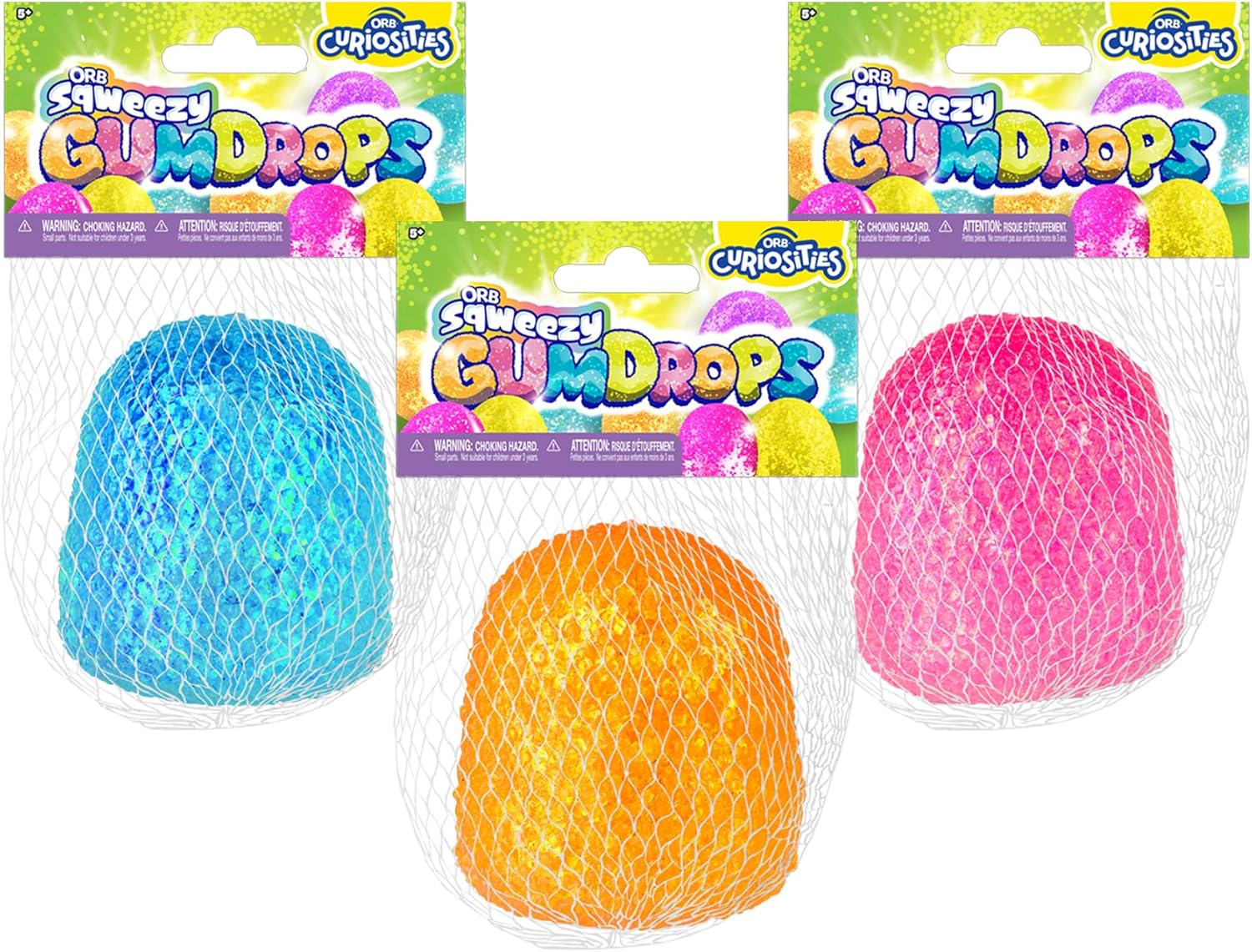 ORB Curiosities Sqweezy Gumdrops 3 Pack - Fun, Sparkling, Squishy, Stretchy, Slow Rising Sensory and Fidget Toys for Kids and Adults - Great Stress Relief Toys to Squeeze at Home, Desk, or Classroom
