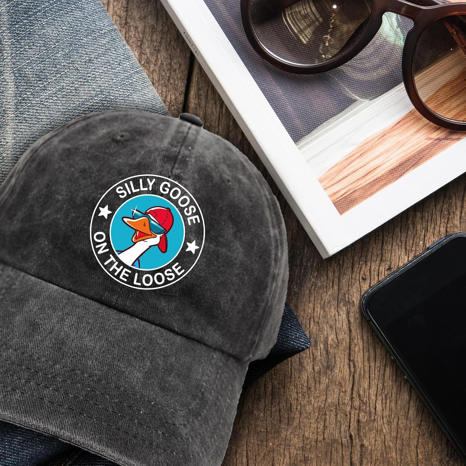 Funny Silly Goose Distressed Washed Black Baseball Caps Silly Goose on The Loose Printed Cotton Adjustable Baseball Hat for Men Women Trendy Birthday Gifts for Dad Mom Friend Family Trucker - Image 6