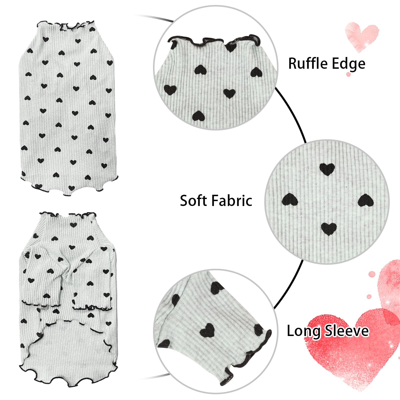 Yaopelky Pet Clothes for Small Dogs Cat Summer Fall Heart Print Shirt Stretchable Ruffle Long Sleeve Outfits for Chihuahua Schnauzer Shih Tzu Yorkie (Gray - Image 2