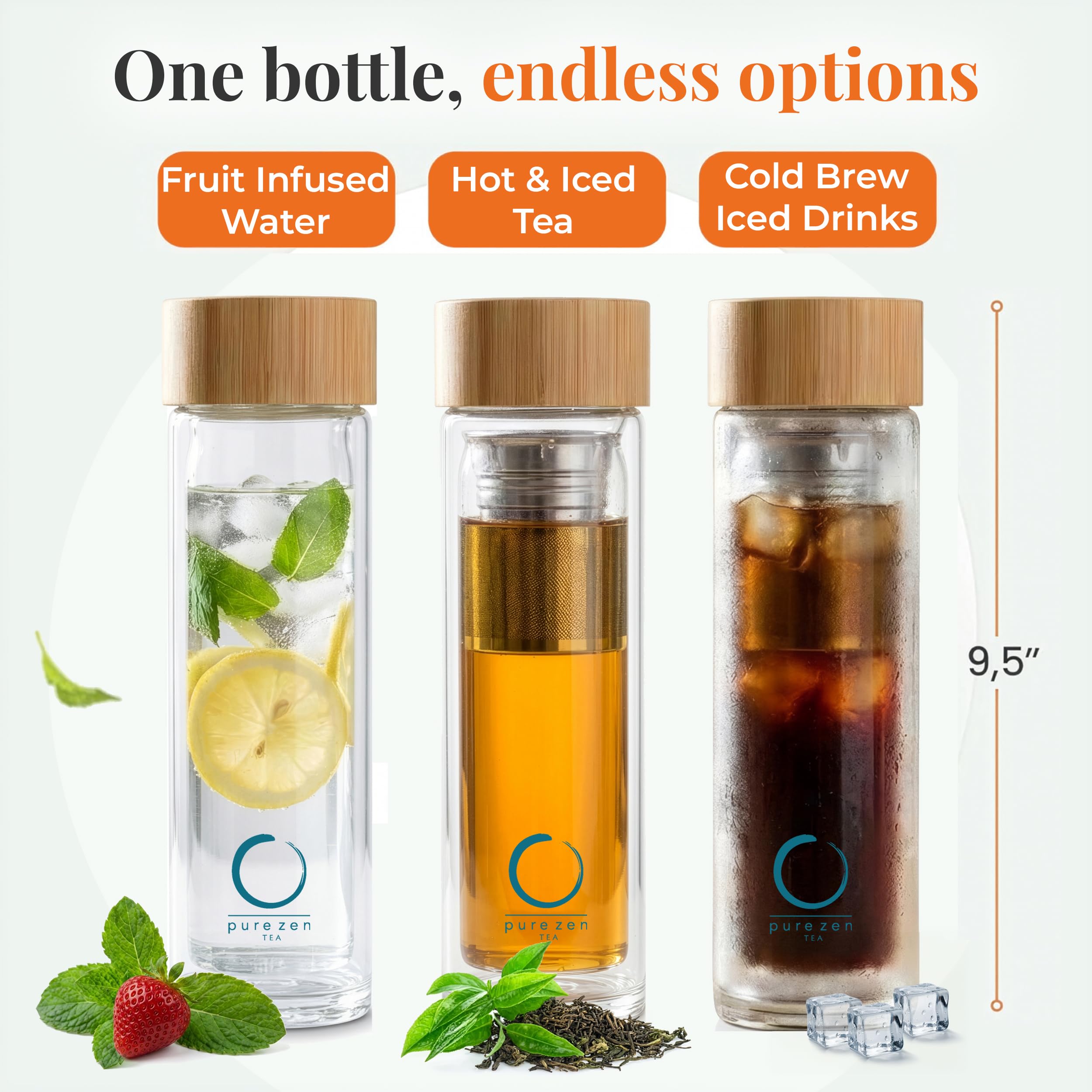 Pure Zen Tea Butelka z zaparzaczem - izolowana szklana butelka do naparów sypkich liści - kubek do herbaty z zaparzaczem - przenośny kubek podróżny do podawania wody - termos z dyfuzorem w podróży