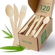 Devot Bamboo Disposable Cutlery Set,120Mix30 Knives,60 Forks,30 Spoons | 6.7", 100% Natural Bamboo, Eco Friendly Utensils, Biodegradable, Compostable and Perfect For Weddings, Camping, Party