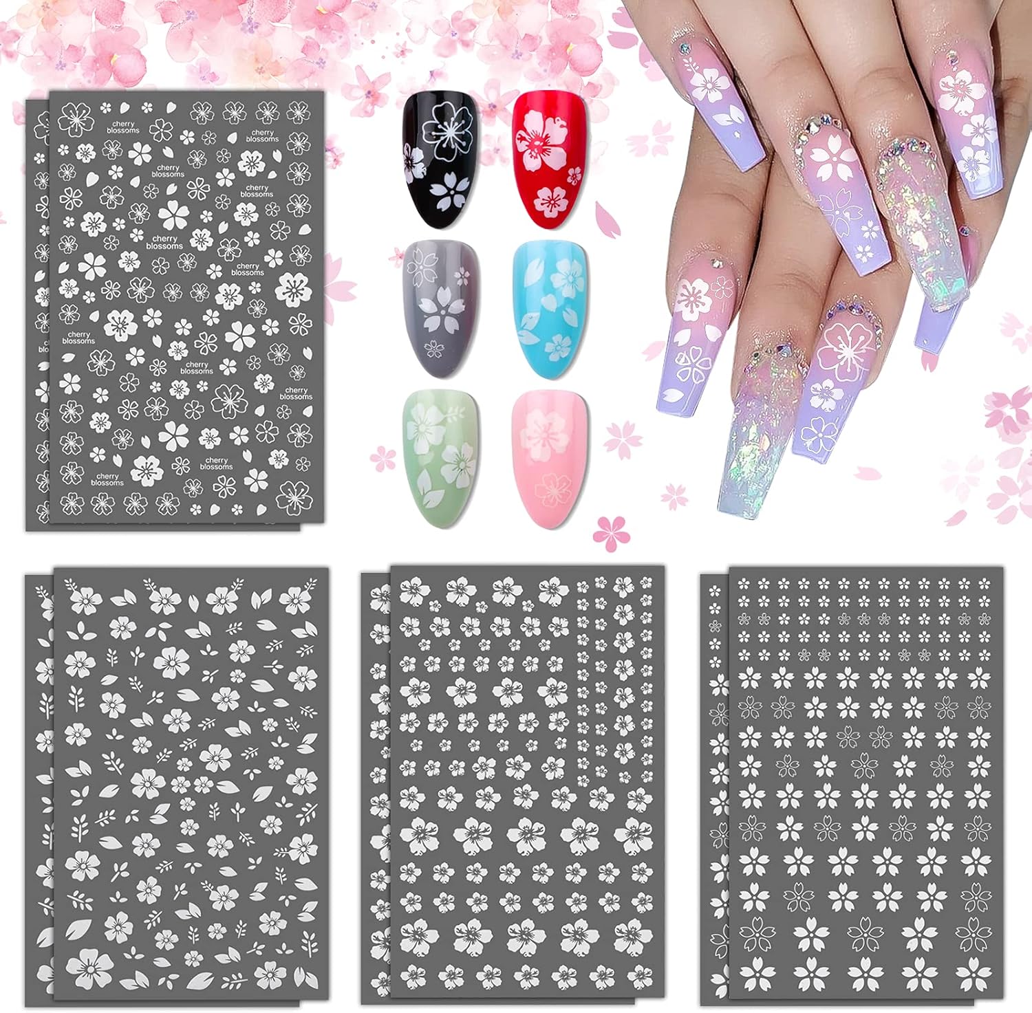 Flower Nail Stickers Decals White Cherry Blossom Stickers, EBANKU 8