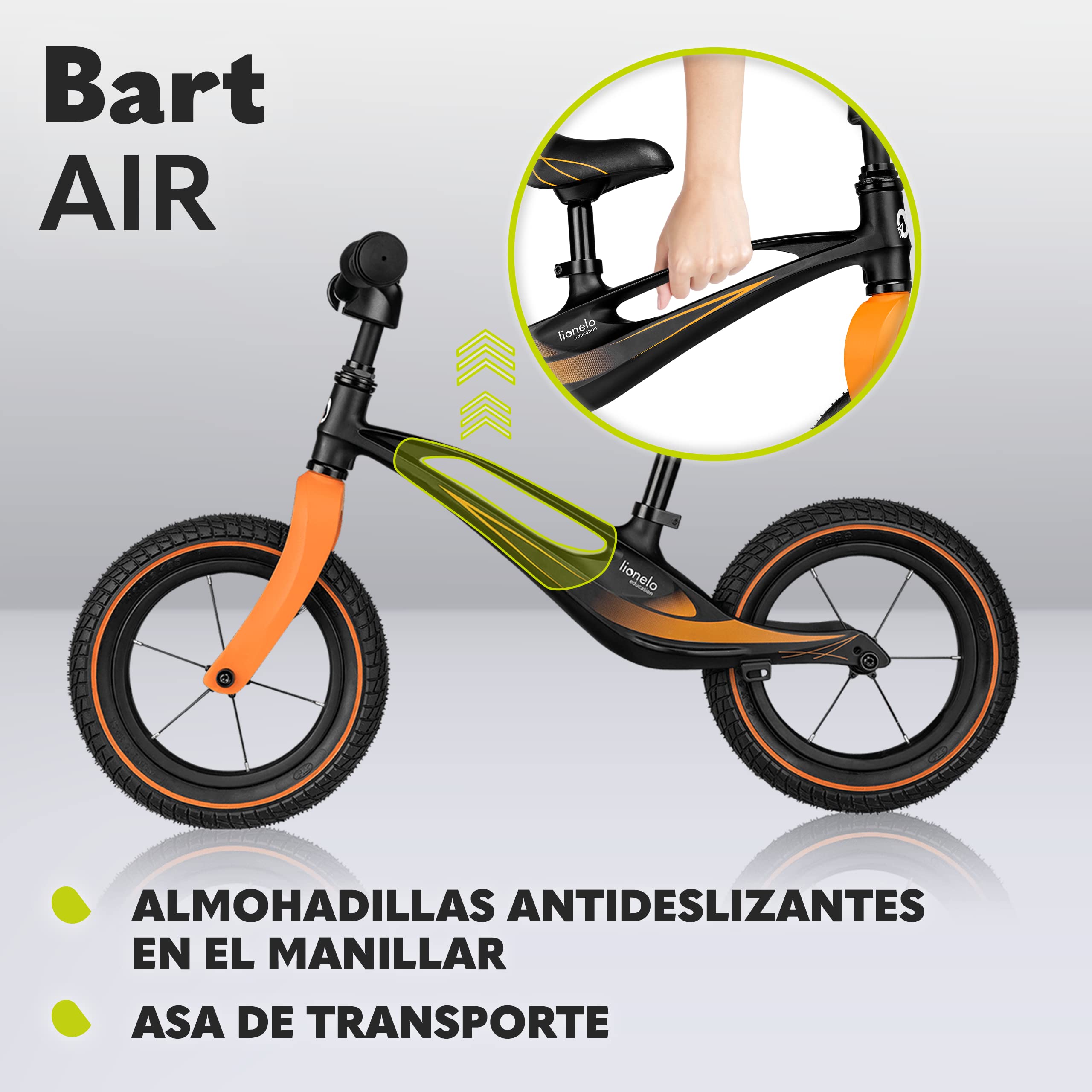 lionelo Bart Bicicleta sin Pedales de 2 años hasta 30kg, Cuadro de magnesio, al Estilo Deportivo, Ruedas 12", Altura de Manillar y sillín Regulable, Muy Robusta y Ligera (Negro, Bart Air)