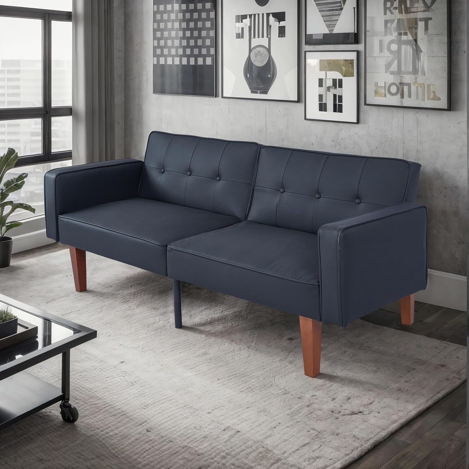 Sofa Bed Couch, 68.1" Mid Century Love Seat Sleeper Bed with Adjustable Backrest, Small Leather Couch for Living Room, Office, Bedroom and Apartment (Black)