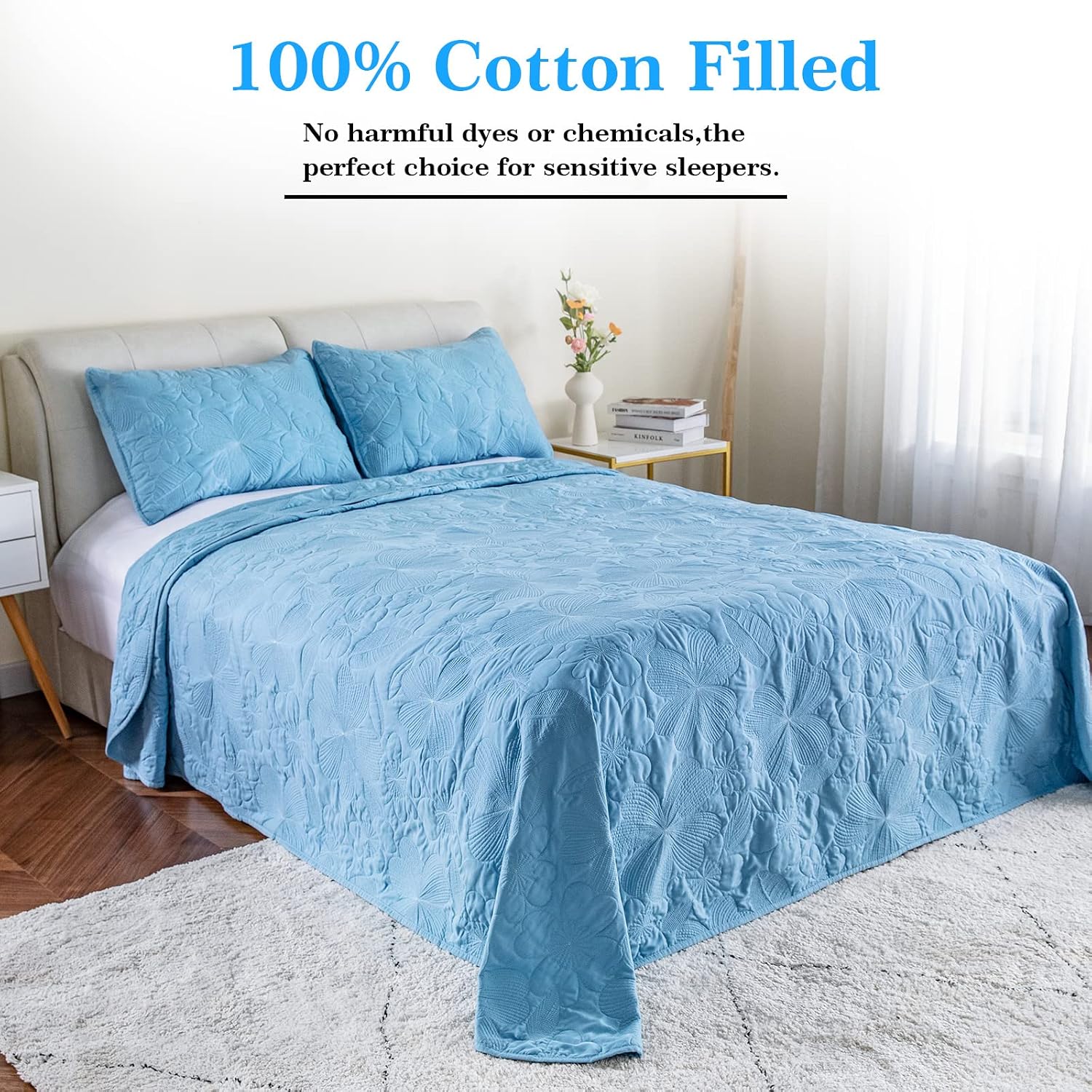 3 Piece Reversible Summer Quilt Set Stitched Bedspread Twin/TXL Size, Lightweight Bedding Comforter Coverlet Set filled with Cotton, Soft Microfiber Coverlets with Embroidered Floral Pattern - Blue