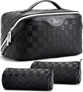 BOYATU 3-Piece Travel Makeup Bag Organizer Set - Large Capacity Waterproof Vegan Leather Cosmetic Toiletry Bags with Compartments & Handle for Women (Black)