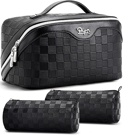 BOYATU Travel Makeup Bag Organizer Cosmetic Bag: 3 Pcs Set Large Capacity Make up Bag with Compartments - Waterproof Leather Toiletry Bags with Handle Travel Essentials Case Gifts for Women (01-Black)