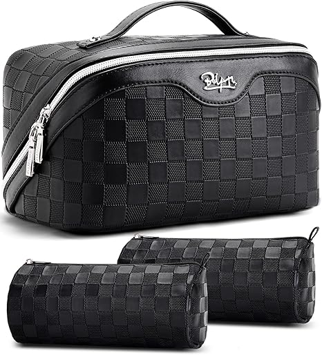 BOYATU Travel Makeup Bag Organizer Cosmetic Bag: 3 Pcs Set Large Capacity Make up Bag with Compartments - Waterproof Leather Toiletry Bags with Handle Travel Essentials Case Gifts for Women (01-Black)