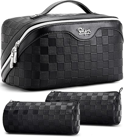 BOYATU Travel Makeup Bag Organizer Cosmetic Bag: 3 Pcs Set Large Capacity Make up Bag with Compartments - Waterproof Leather Toiletry Bags with Handle Travel Essentials Case Gifts for Women (01-Black)