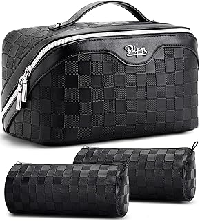 BOYATU Travel Makeup Bag Organizer Cosmetic Bag: 3 Pcs Set Make up Bags for Women with Handle - Waterproof Vegan Leather Toiletry Bags Travel Essentials Pouch with Compartments (01-Black)