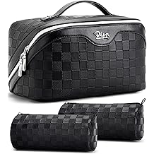 BOYATU Travel Makeup Bag Organizer Cosmetic Bag: 3 Pcs Set Large Capacity Make up Bag with Compartments - Waterproof Leather Toiletry Bags with Handle Travel Essentials Case Gifts for Women (01-Black)