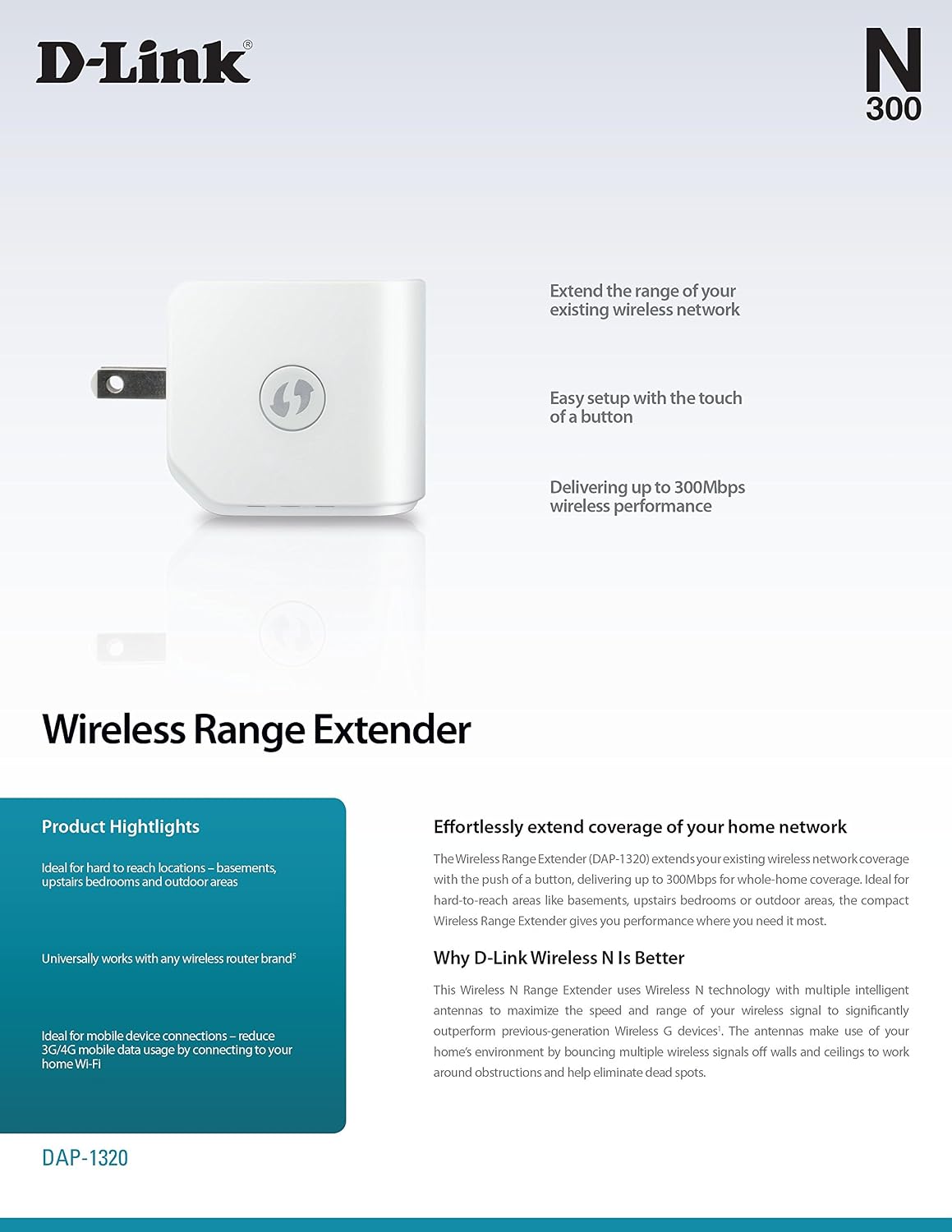D-Link Wireless N 300 Mbps Compact Wi-Fi Range Extender (DAP-1320) (Discontinued by Manufacturer)