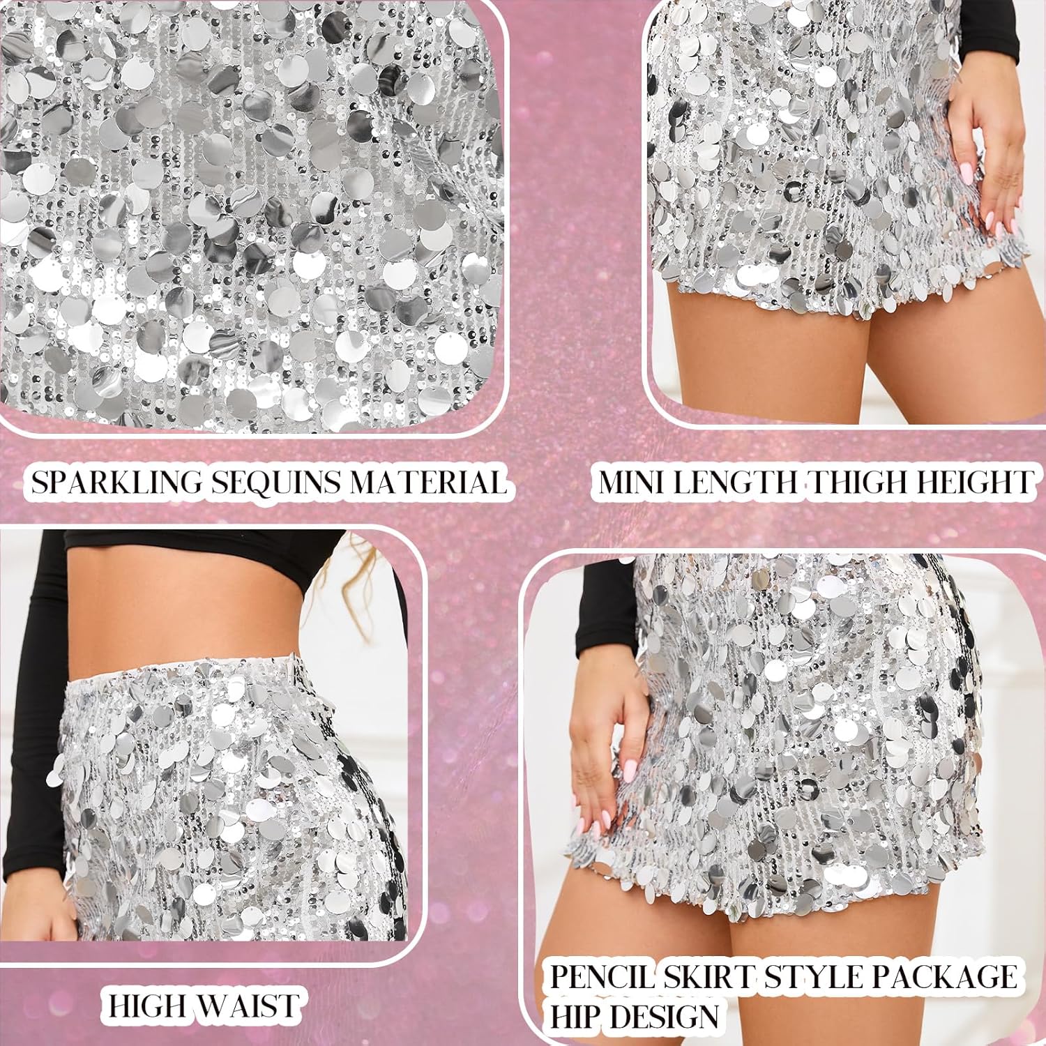 Sequin Skirt for Women Stretchy Bodycon Mini Skirts Sexy Sparkly Skirt Glitter Shiny Skirt Night Out Party - Image 5