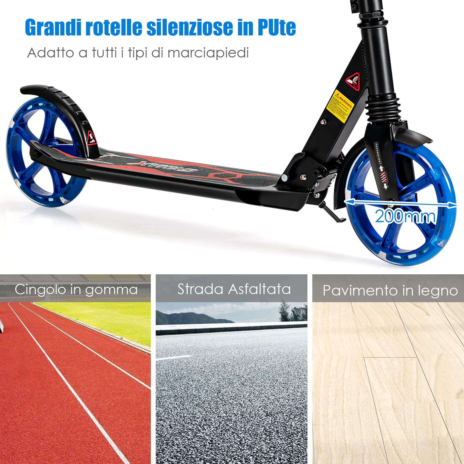 COSTWAY Scooter Monopattino a Spinta per Bambini Pieghevole e Regolabile in Altezza (91-106 cm), con Ruote Luminose e Cavalletto, Carico Massimo 100kg