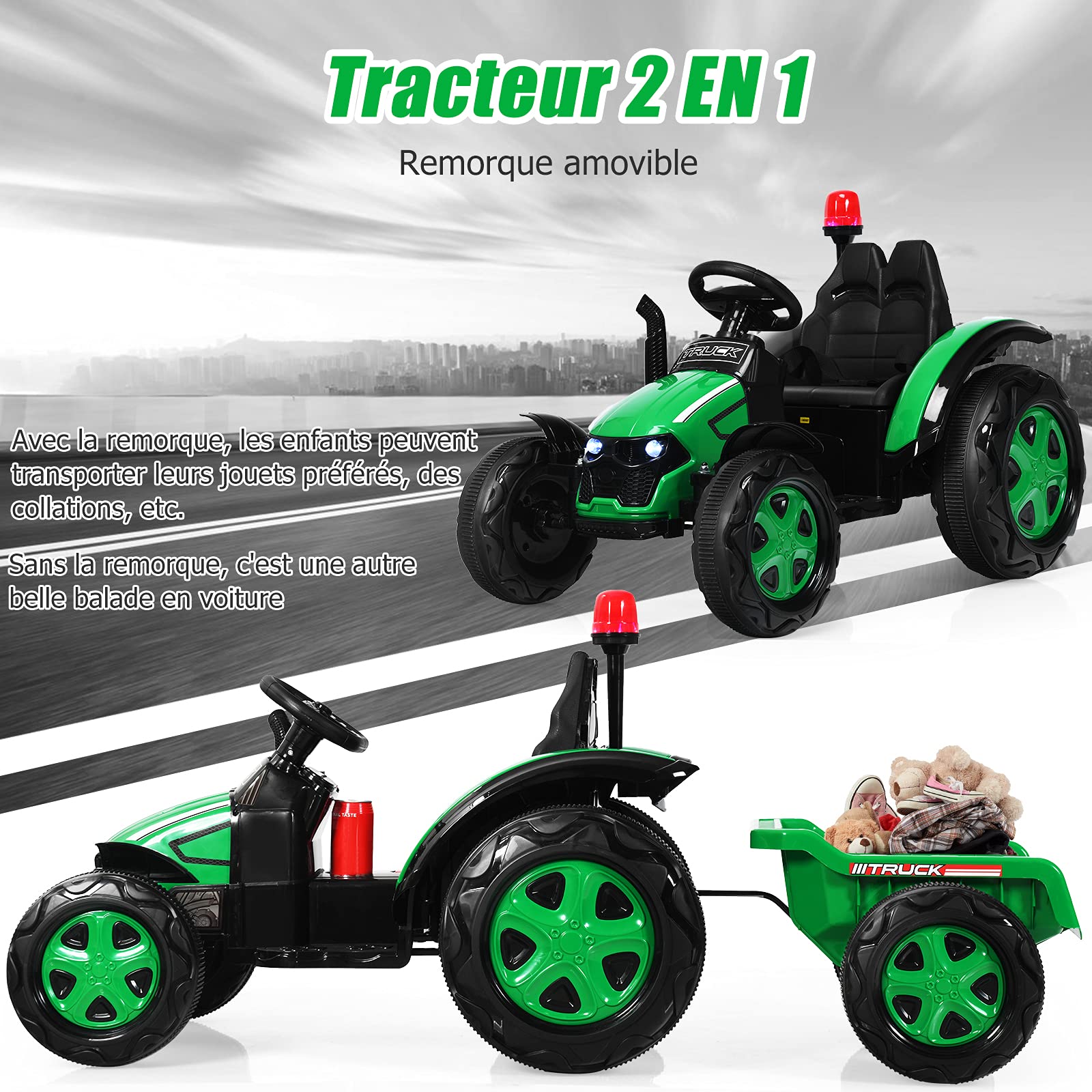 GOPLUS 12V Tracteur Électrique avec Remorque, Voiture Électrique Enfants 1 Place avec Télécommande 2,4G,Véhicule Convient aux Enfants de 3 à 8 Ans avec Lumières, Musique (Vert)