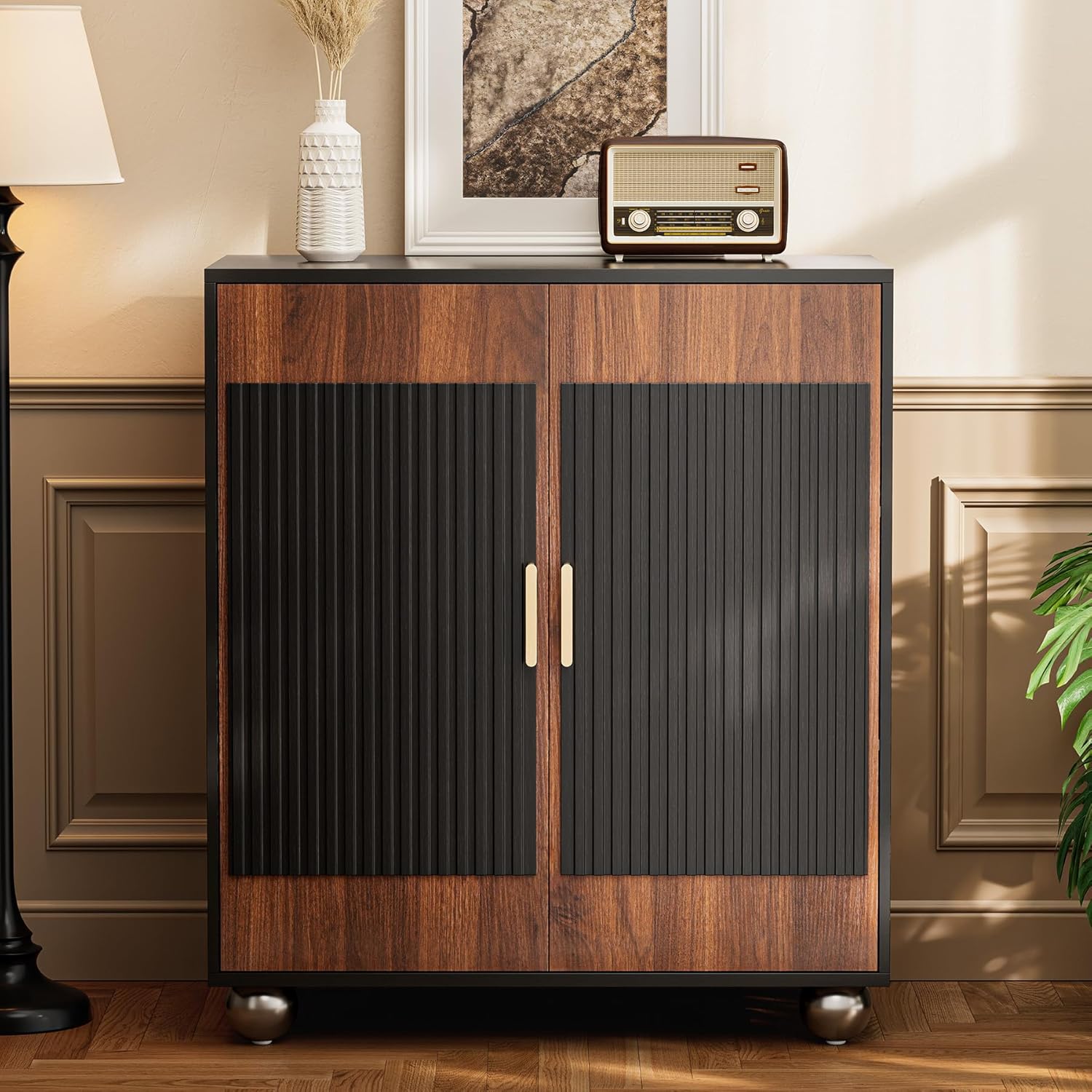 29" Fluted Modular Buffet Cabinet with Doors & Gold Handles, Mid Century Modern Sideboard Credenza Storage with Adjustable Shelves, Wood Coffee Bar Console Table for Dining Living Room