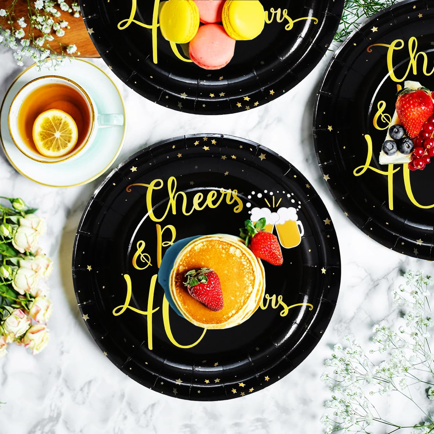 50Pcs 40th Birthday Plates 40th Birthday Party Supplies 7"40th Dessert Plate Cheers to 40 Years Cake Plates for Cheers & Beers Black Gold Theme 40th Birthday Anniversary Whiskey Party Decoration(40th)