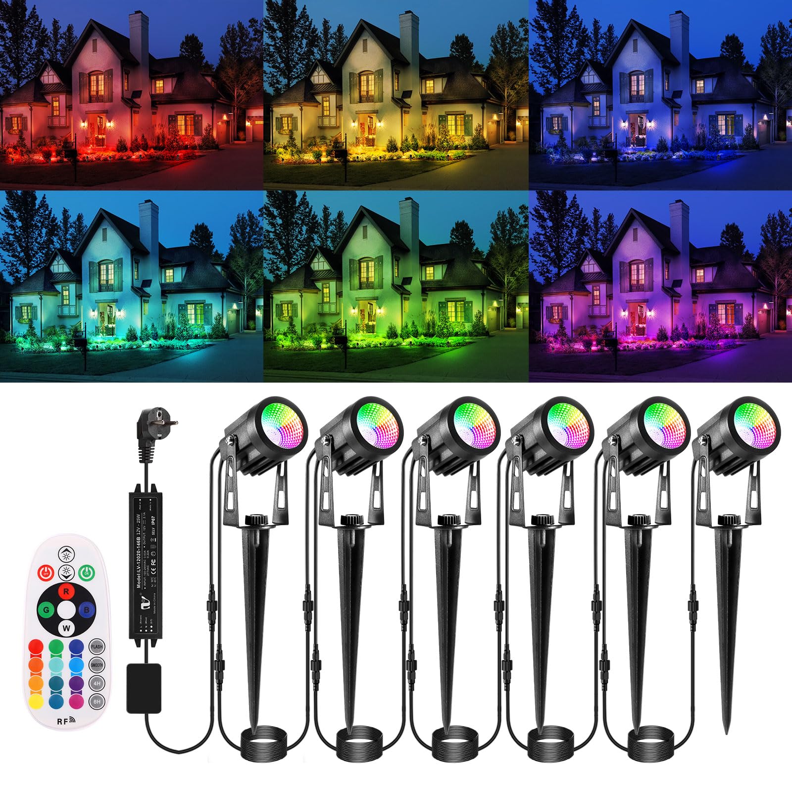 ECOWHO Illuminazione da giardino RGB a LED con telecomando e timer, IP65, impermeabile RGB, con corrente, 21 m, con picchetto per esterni, giardino, prato, alberi, sentieri, feste e stagni (6 pezzi)