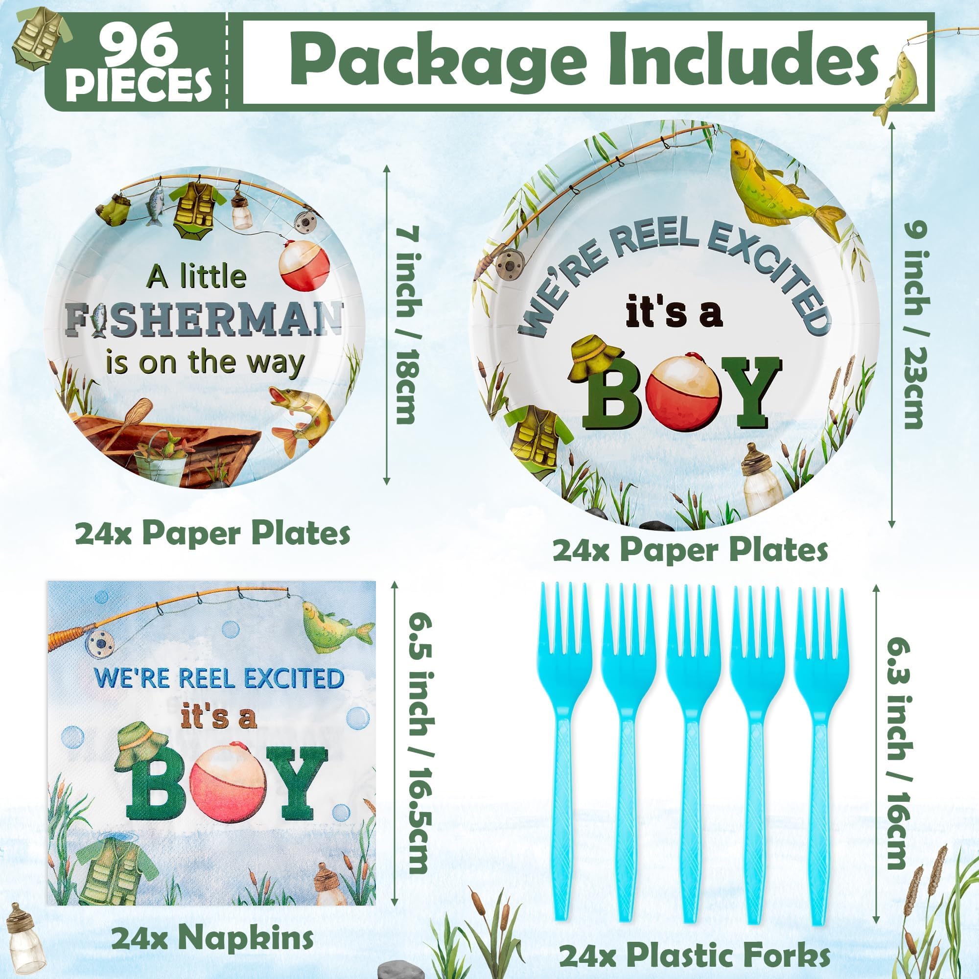 ANGOLIO 96Pcs Gone Fishing Party Plates Supplies - A Little Fisherman Is On The Way Party Tableware Decorations Fishing Disposable Paper Plates Napkins Forks for Boy Birthday Baby Shower, Serves 24