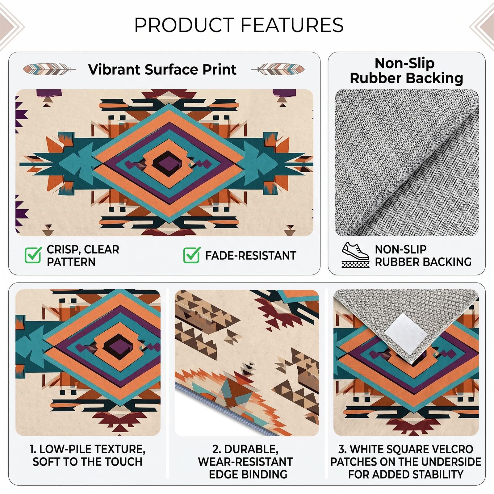 Alfombra lavable 120 x 170 cm, diseño de rombos aztecas, de pelo corto, para habitación infantil, antideslizante, suave, fácil de limpiar, para salón, dormitorio, cocina