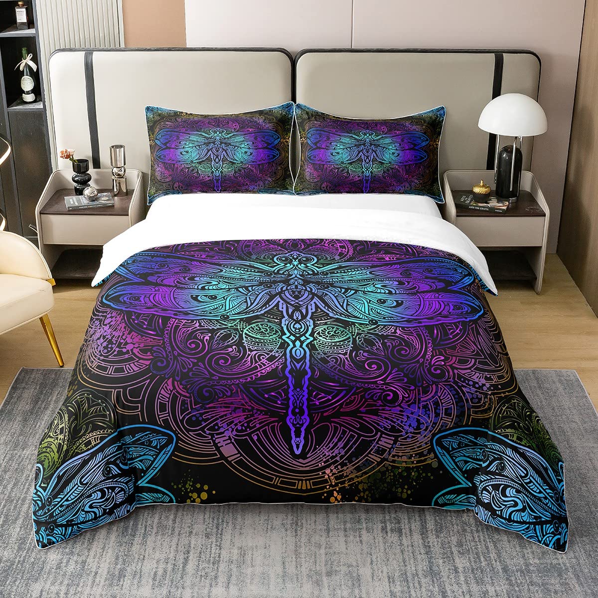 Bohemian Dragonfly 100% Waschen Baumwolle Bettbezug 135x200 Mandala Paisley Bettwäsche Set Lila Dragonfly Tröster Bezug Krawatte Dye Trippy Zigeuner Irisierende Chic Hippie Steppdeckenbezug