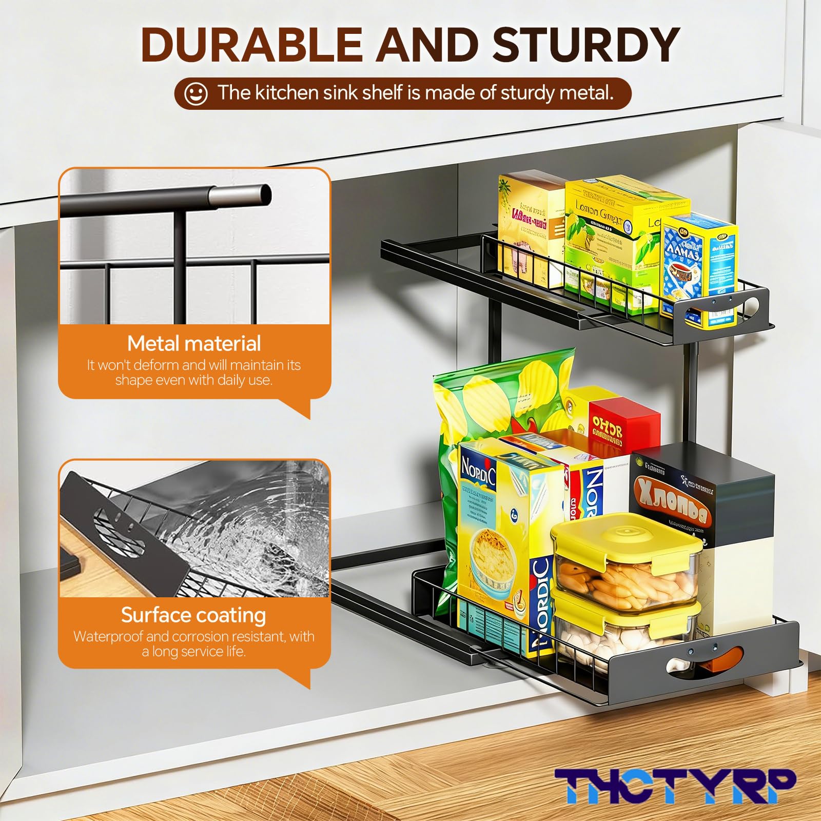 Scaffale estraibile in metallo a 2 ripiani, sottolavello, nero | Organizer per mobili da cucina e bagno, salvaspazio e stabile, per lavello e lavandino