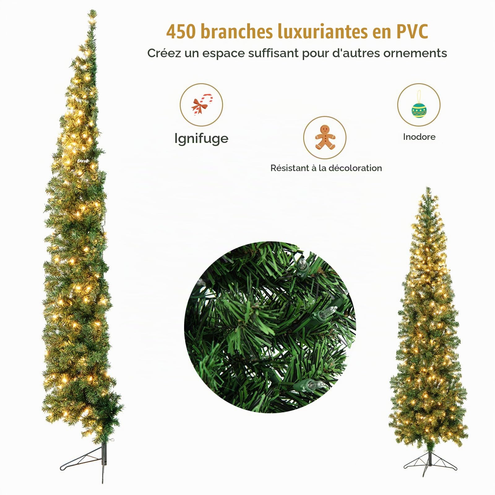 LIFEZEAL Sapin de Noël Artificiel 210 cm avec 150 LED | Arbre de Noël Demi-Sapin en PVC avec 450 Branches et Pieds en Fer, pour Salon, Bureau, Bar, Vert