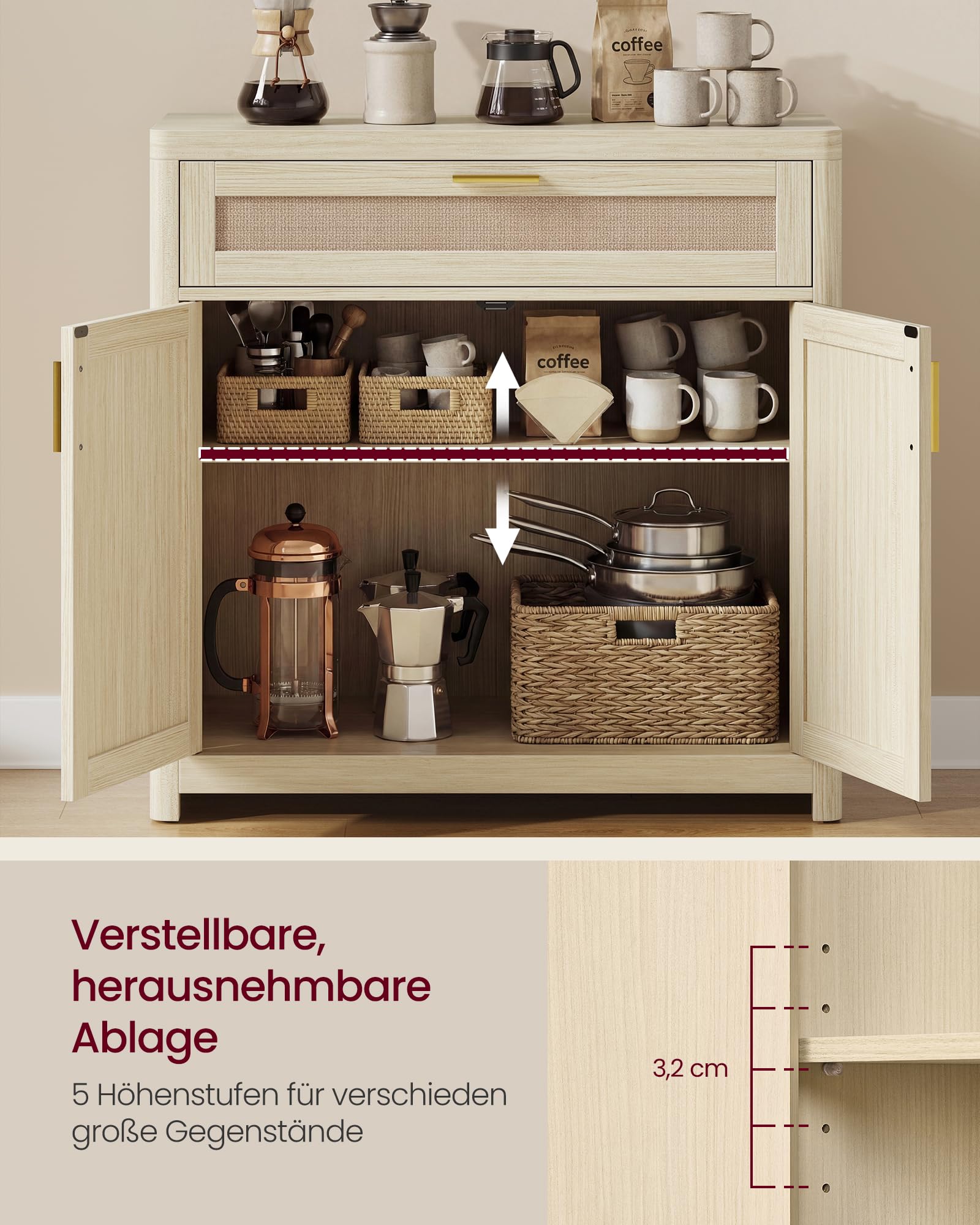 VASAGLE ELLAN Kollektion - Küchenschrank, Sideboard Boho-Stil, Türen in Rattan-Optik, Aufbewahrungsschrank, abgerundete Ecken, verstellbare Ablage, Schublade, Küche, naturbeige BBK601LC01