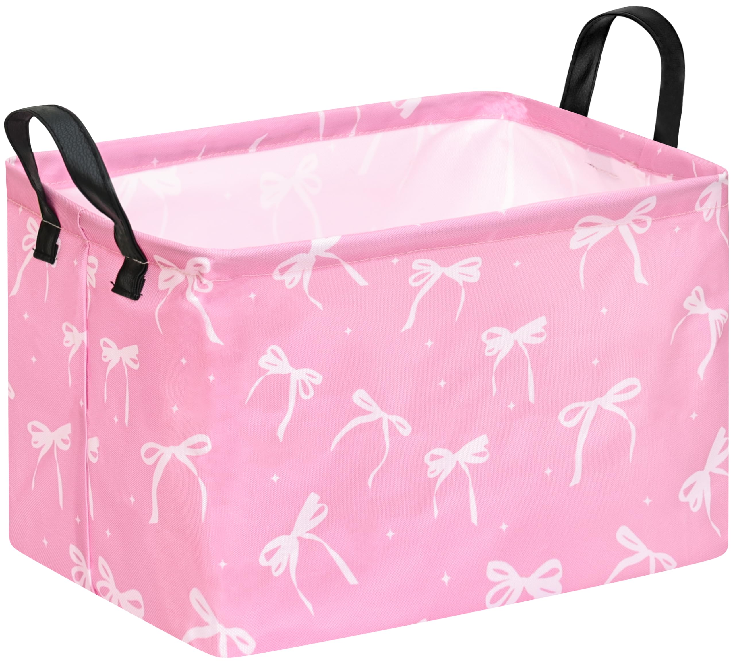 Baby Storage Basket Nursery Box Laundry Hamper Organization Bins for Toys and Clothes with Handles (Pink Bow)