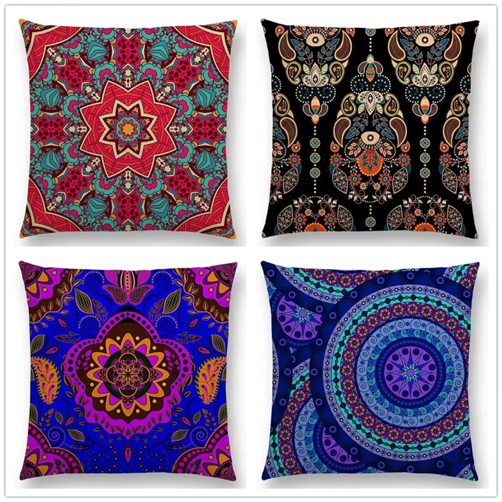 Heaen Outdoor Cushions Covers Waterproof 35x35 cm Set of 4 Square Linen Pillow Cases Blue Purple Mandala Decorative Dushions for Sofa Porch Patio Home Decor
