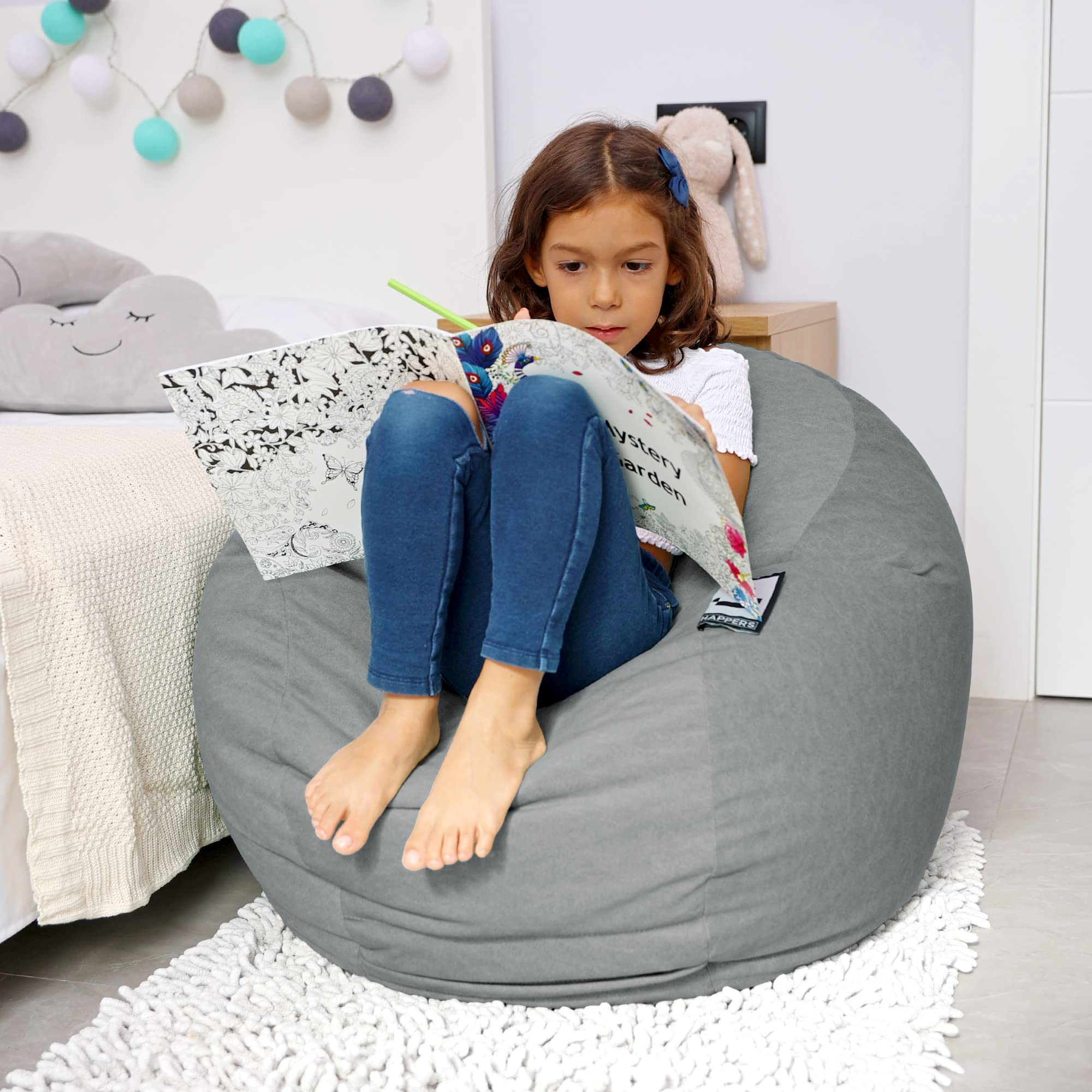 HAPPERS Puff Infantil Terciopelo Gris, Tejido Tacto Piel de melocotón