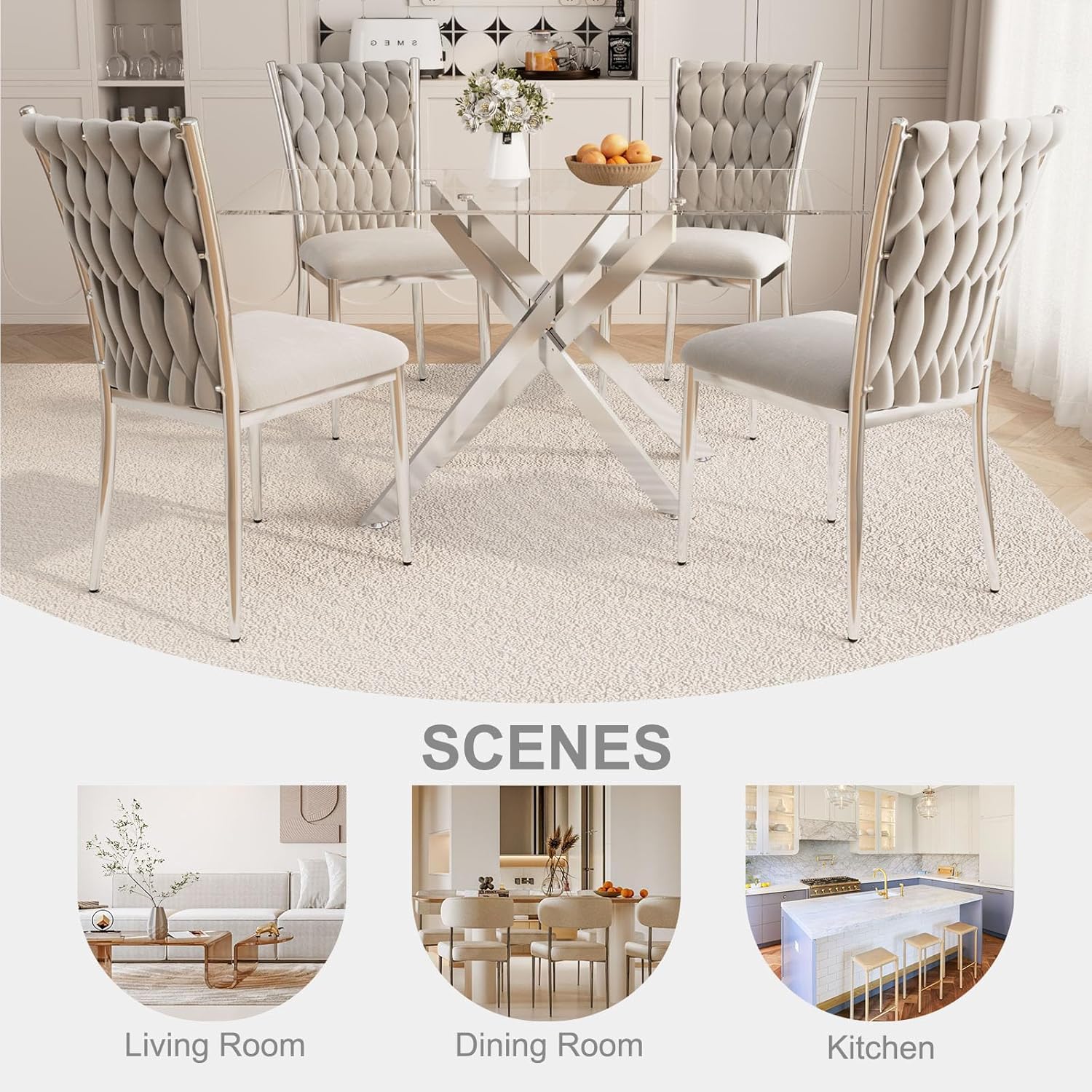 51'' Glass Dining Table Set for 4, Modern Rectangular Glass Kitchen Table with Silver Metal Legs & 4 Upholstered Velvet Dining Chairs with High Back, 5 Piece Dining Room Set for Home(Light Grey)