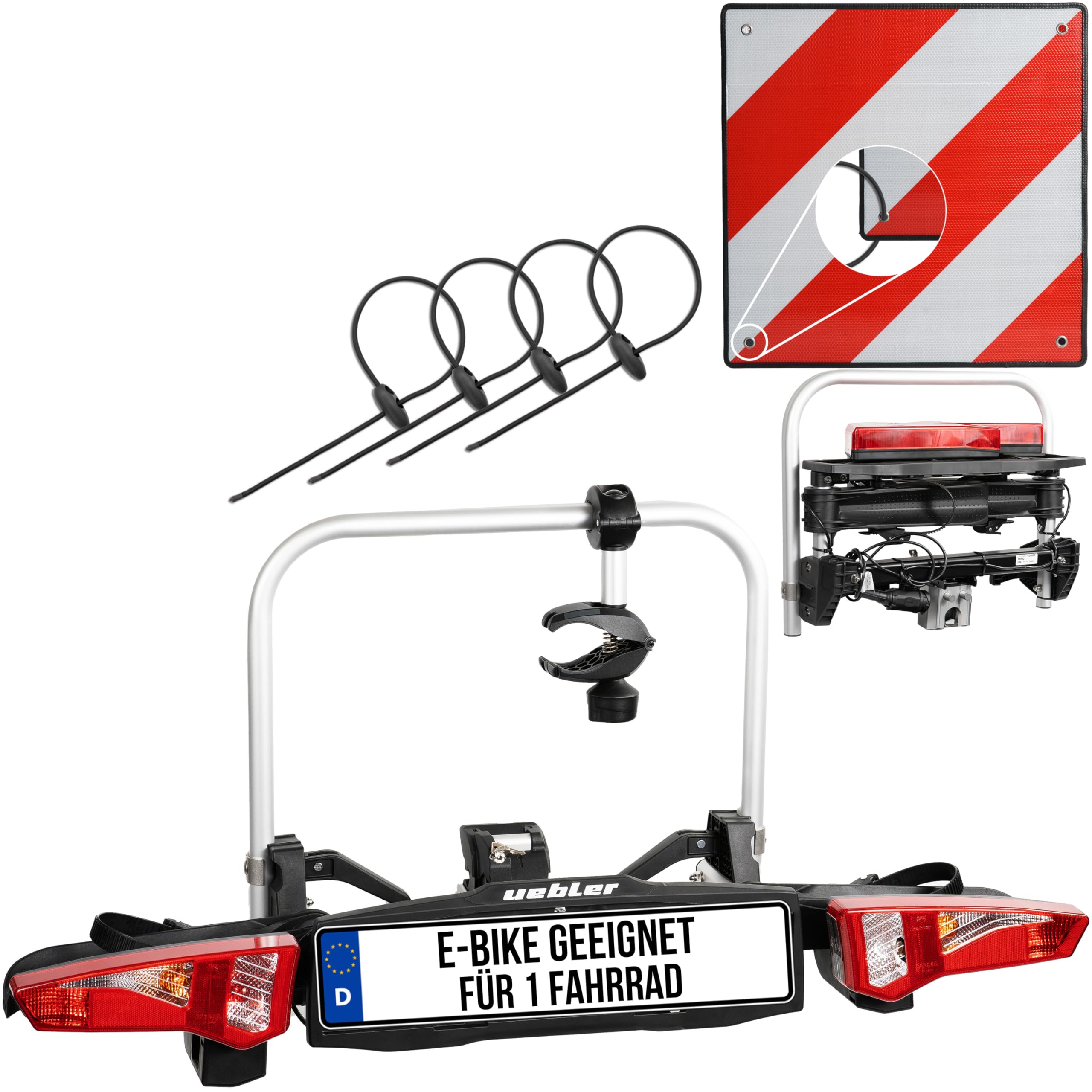 Uebler F14 Fahrradträger für 1 E-Bike & MTB - Anhängerkupplung Faltbar | Kupplungsträger inklusive reflektierender Warntafel 50x50cm und 4 Spanngummis - Ideal für Mountainbike und Cityrad