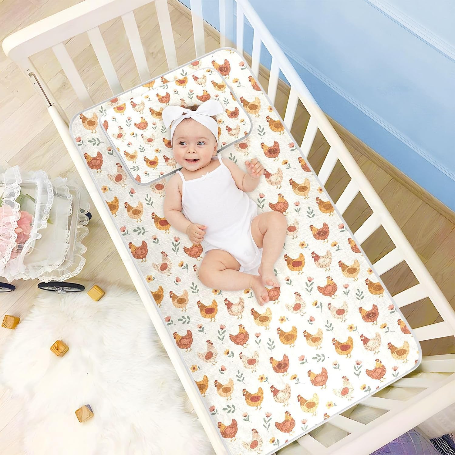 Baby Cooling Mat Chickens Ice Silk Breathable Mesh Summer Crib Mattress Pad with Pillowcase, Soft Cooling Sleeping Surface for Infant & Toddler, 52"x28"