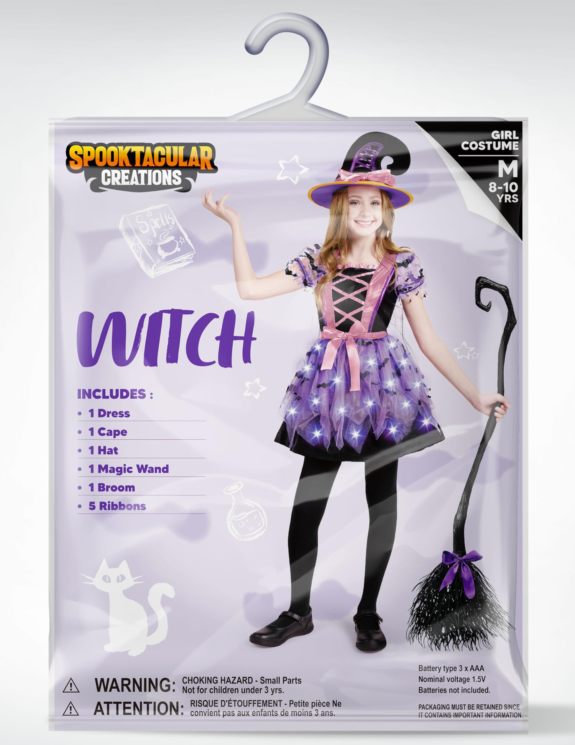 Spooktacular Creations Dziewczęcy kostium czarownicy z efektem świecenia, kostium dla dzieci z kapeluszem i miotłą na imprezy Halloween