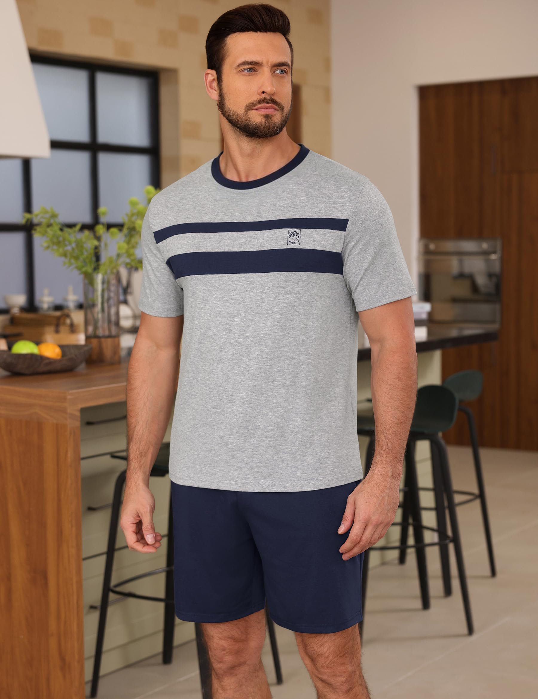 Marvmys Pijamas Hombre Verano Corto Algodón Cuello Redondo Manga Cortas Tops Pijama Pantalones con Bolsillo S-3XL