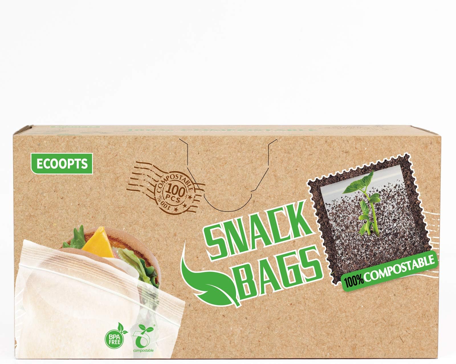 100 PCS Compostable Snack Bags - Ultra Strong Ziplock Bags (6.3x4 in)
