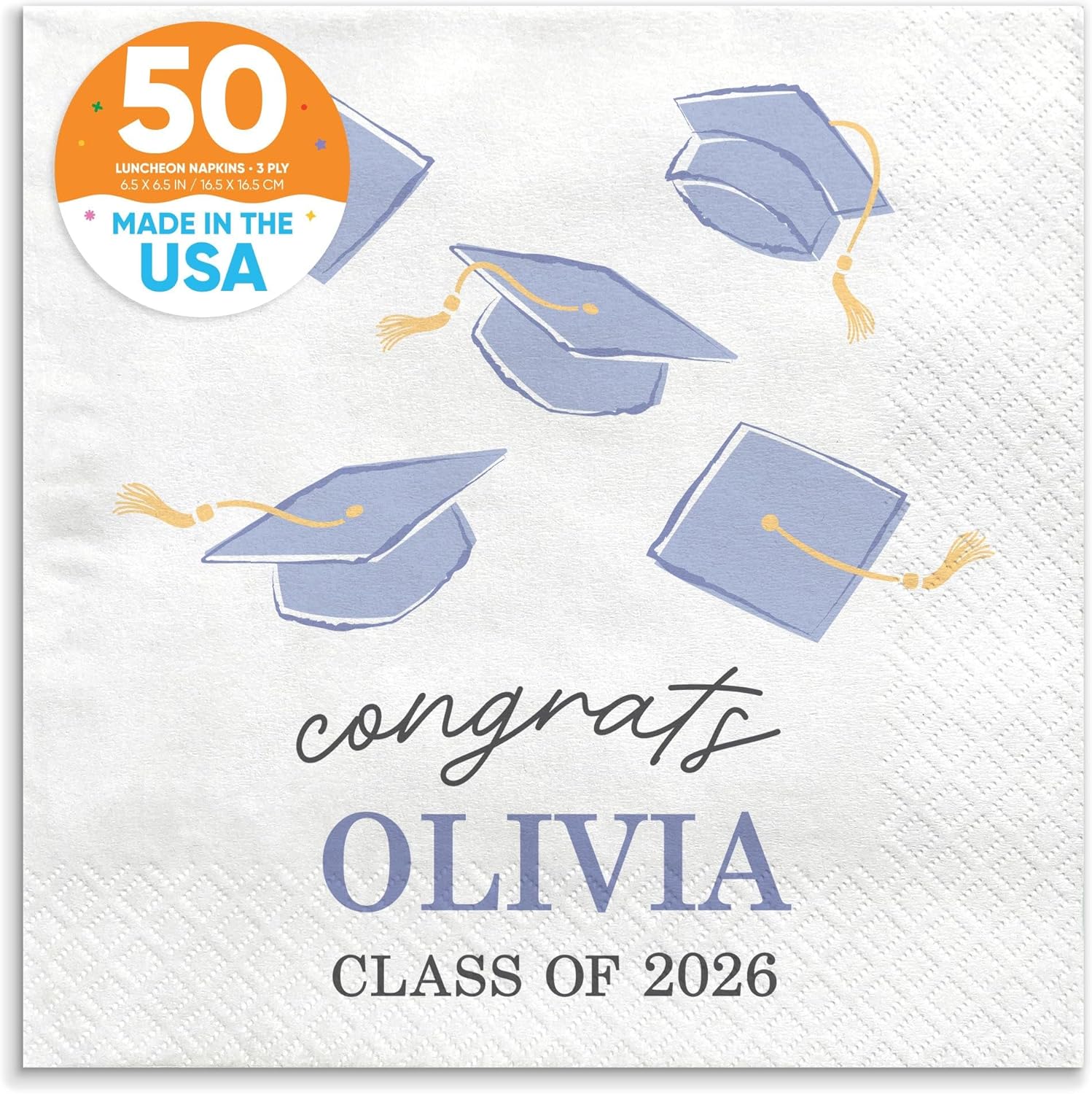 Big Dot of Happiness Personalized Light Purple Graduation Party Napkins, Lavender Party Decor, White 3-Ply Paper, Custom Class of 2026 Luncheon Dinner Napkins - 50 Count