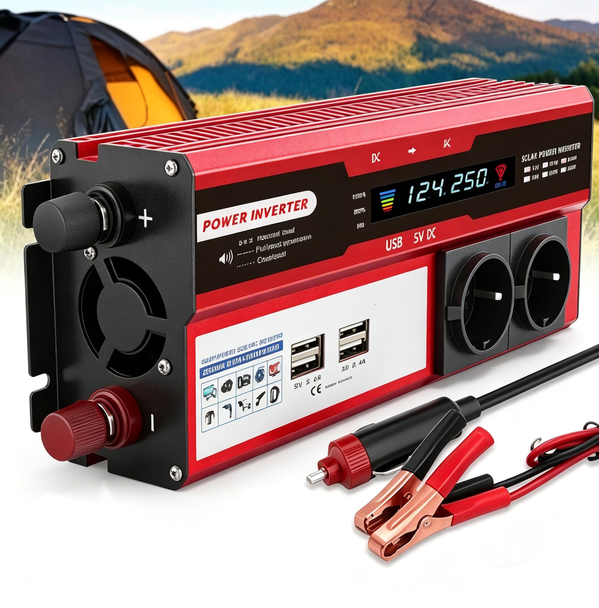 Konverter 12 V 220 V 4000 W reiner Sinus Wechselrichter mit LCD-Display Fernbedienung & 2 EU-Stecker und 4 USB-Ports, Stromwandler für Auto, Wohnwagen, Boot, Camping (12 V, 4000 W)