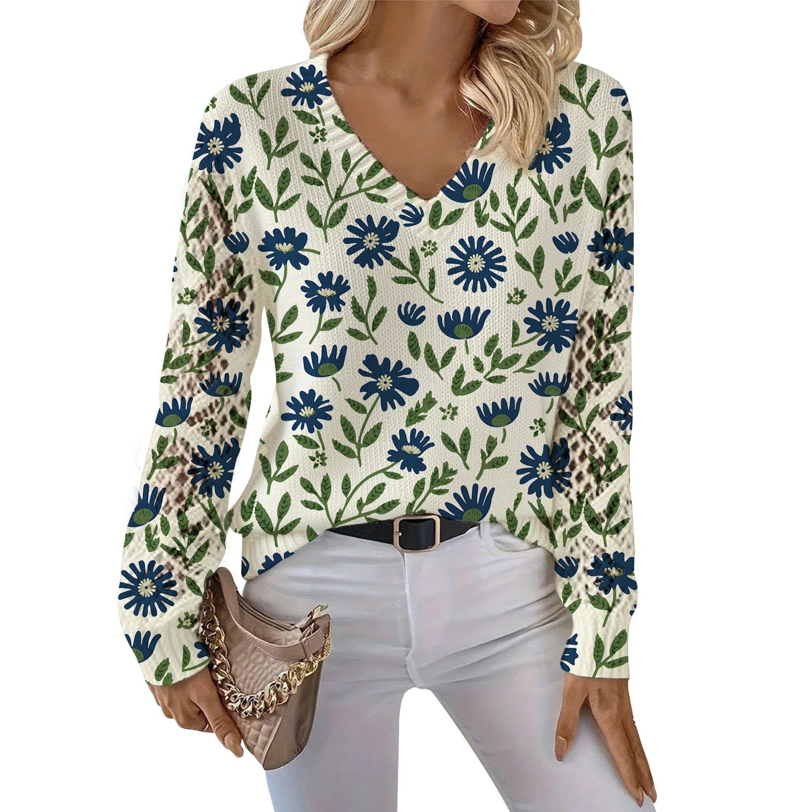 Hollow Out Crochet Sweaters for Women Baggy Long Sleeve V Neck Sweater Cute Knit Pullover Tops Travel Sweater