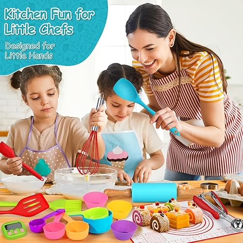 Miniatura 6 de Juego de 44 piezas de cocina y hornear para niños para cocina real, cuchillo seguro para niños y herramientas de cocina con libros de cocina,