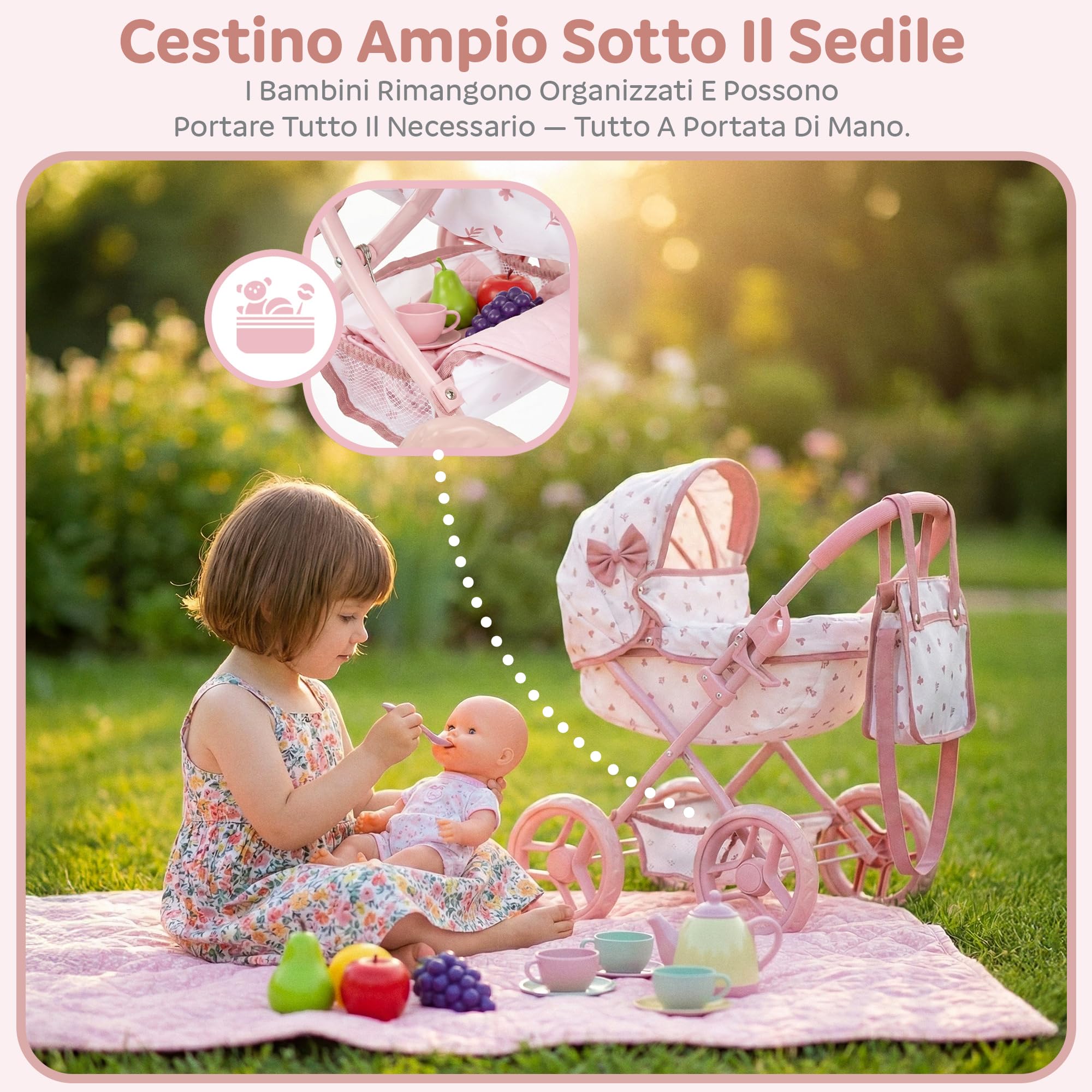 Carrozzina per bambole dai 2 anni – Passeggino per bambole pieghevole per bambini con borsa e cestino, ruote silenziose, passeggino leggero giocattolo per bambine