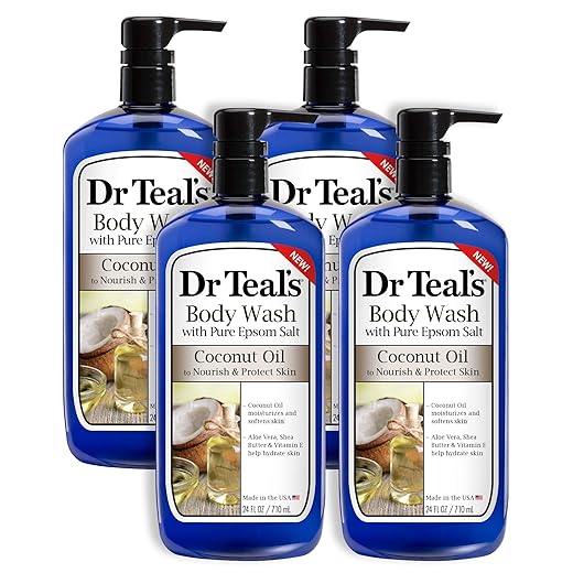 Dr Teal's Coconut Oil Body Wash Gift Set (4 Pack, 24oz Ea) - Nourish & Protect Coconut Oil Blended with Pure Epsom Salt - Ease Aches & Pains, Moisturize & Hydrate Skin - Soothes Senses & Stress