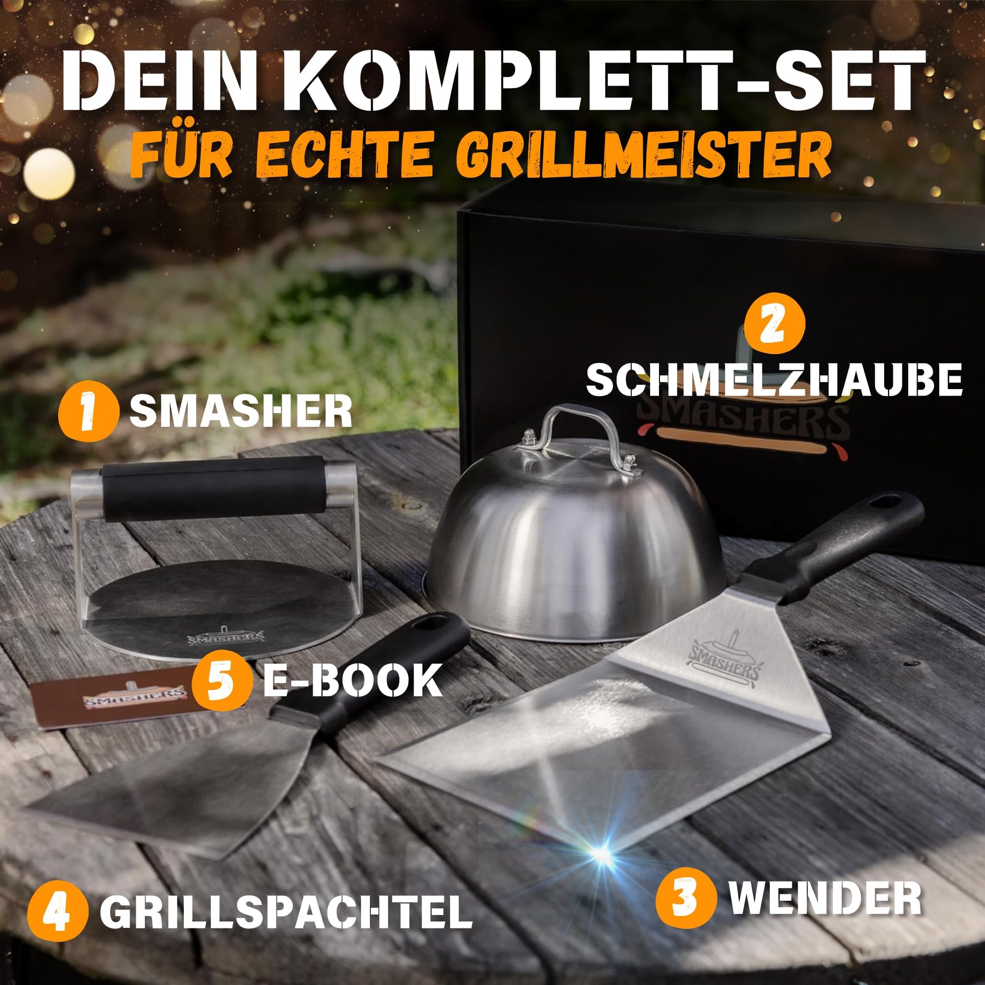 SMASHERS Smash Burger Set – Burger Smasher Set mit Burgerpresse, Grillspachtel, Pfannenwender & Burgerglocke - Inkl. E-Book mit Smash Burger Rezepten & Burgerpapier (6-TLG.)