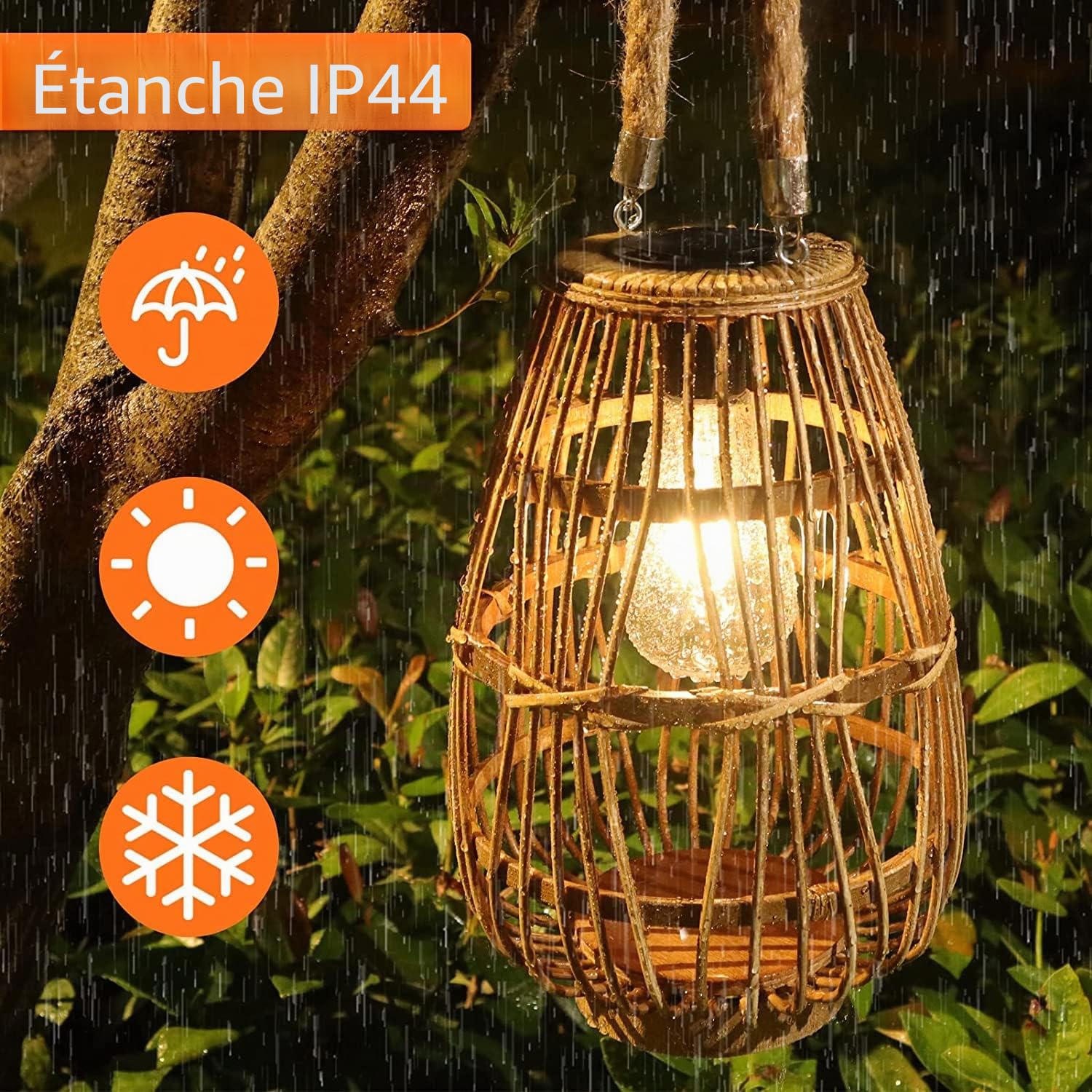 Lanterne solaire d'extérieur imperméable en rotin - Lanterne décorative bohème lumineuse avec poignée rustique à suspendre ou lampe de table pour clôture, porche, jardin, cour, décoration de mariage