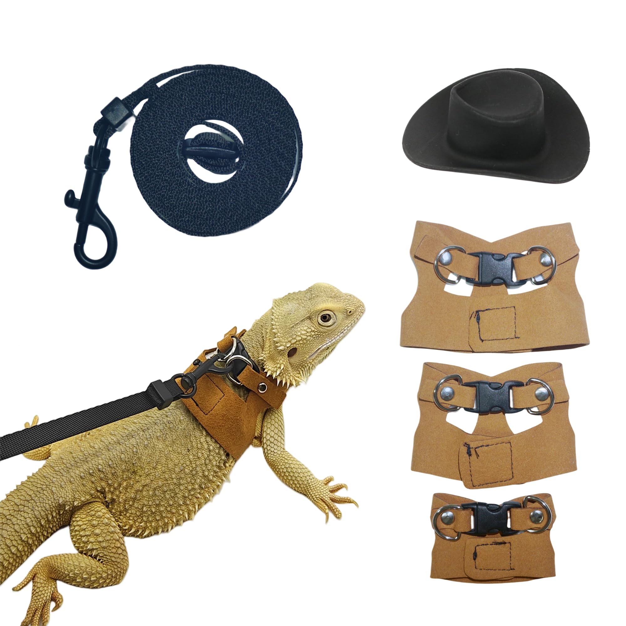 Reptile Pets Leash Harness Set with Jackets and a Hat for Bearded Dragon Lizard, Leopard Gecko and Other Small Animal Pets, Outdoor Play