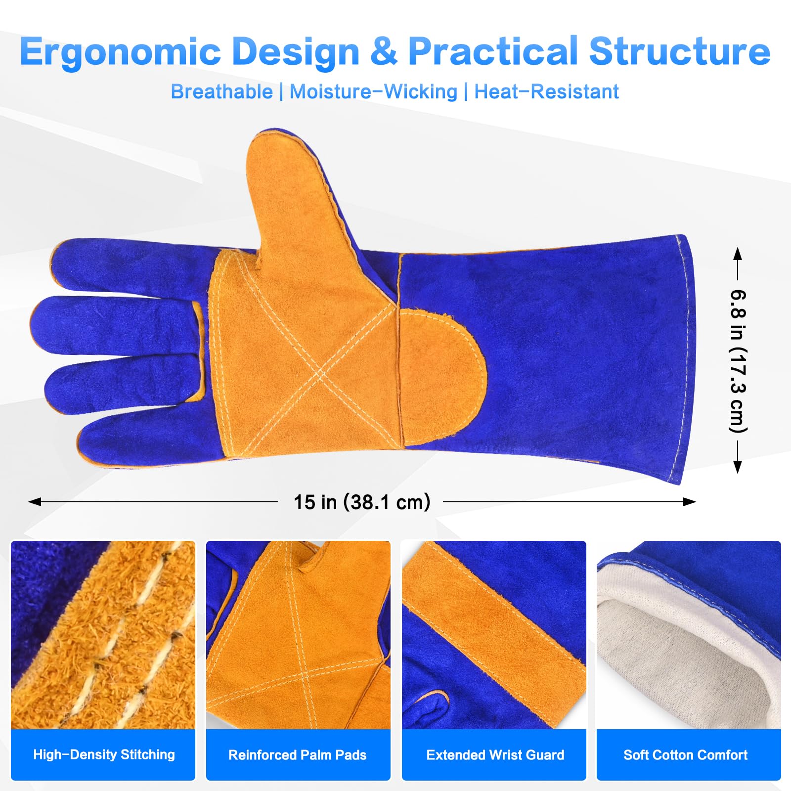 Reboot Guantes de Soldadura, Cuero Resistente 500°C, Protección Antebrazo 38 cm, Costuras Dobles Reforzadas para MIG TIG Electrodo Barbacoa Forja – Azul