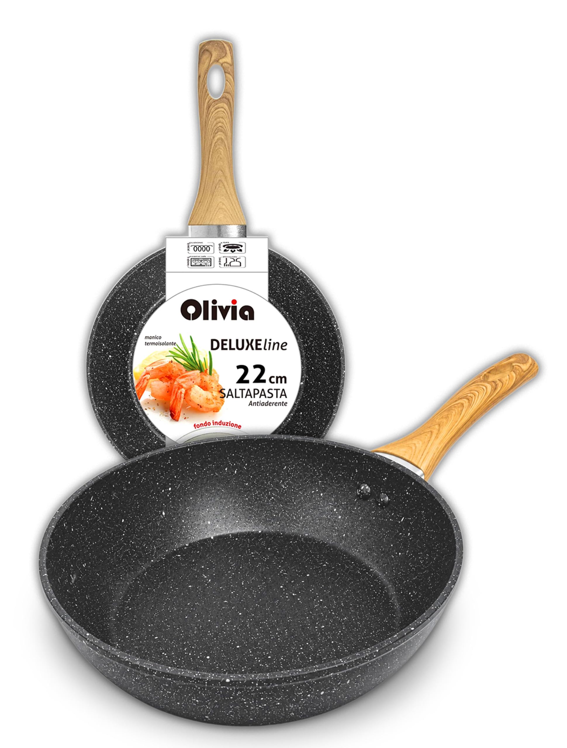 IPEA Non-Stick Pan for Pasta and Frying - Induction and Gas Stove - 22 cm - Non-Stick Aluminium Pan with Wooden Handle Sauté Pasta, Fry Vegetables, Risotto