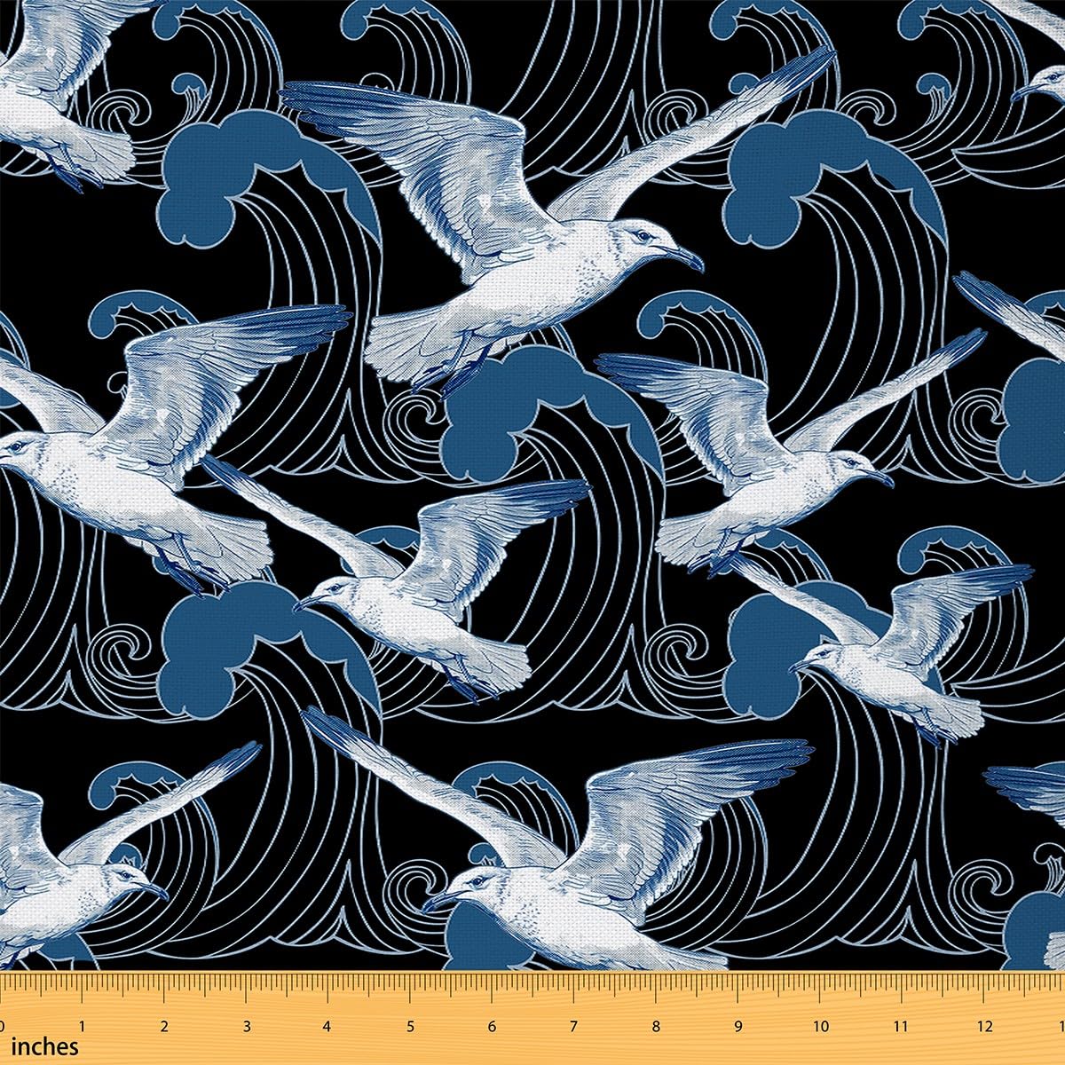 Homemissing Japanese Wave Fabric by The Yard 1 Yard (L36 xW58) Sea Mew Seagulls Animal Print Polyester Upholstery Fabric for Chairs, DIY Reupholstery, Decor