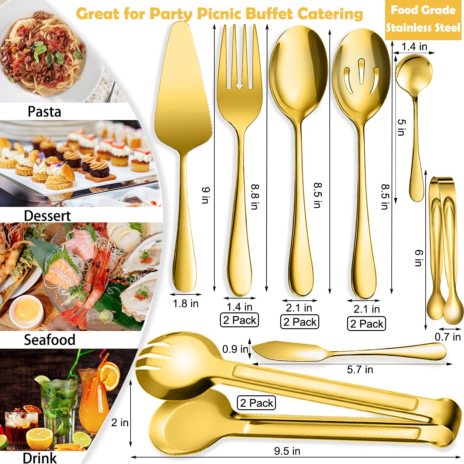 12 utensili da portata in acciaio inox, grandi cucchiai scanalati, forchette pinze, pinze per zucchero, torta, coltello da burro, cucchiaini da caffè, ideali per buffet, catering, banchetti,